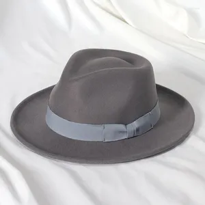 Berets cavalheiro feltro fedora com fita de arco clássico panamá jazz trilby chapéus festa vestido de casamento boné femme bonnet