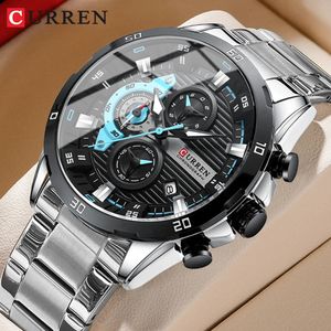 Curren relógios de aço inoxidável para homens moda criativa mostrador luminoso com cronógrafo relógio masculino casual relógios de pulso 240227