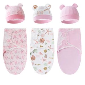 Swaddling 3Sets Newborn Swaddle Blanket Hat Set Cotton Baby Waddle Wrap Adjustable Infant Sleeping Bag 06M Baby Bedding Accessories 2023