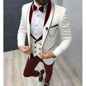 スーツスリムフィットカジュアルメンズスーツ3ピースグルームタキシードウェディングプロムブルゴーニュと白い男性ファッションコスチュームジャケットウエストコートパンツ