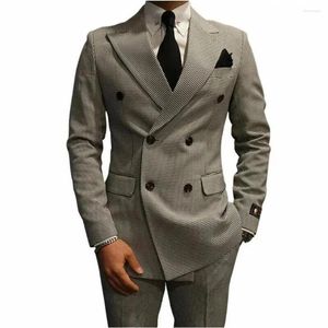 Men's Suits Houndstooth Men Double Breasted Costume Homme Wedding Party Prom Slim Fit Tuxedo Groom Terno Masculino Blazer 2 Pieces