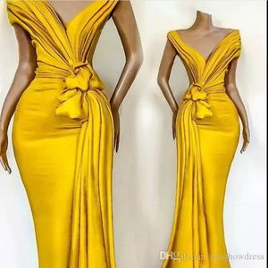 Elegant Off The Shoulder Satin Mermaid Evening Dresses 2022 Ruched Ruffles Sweep Train Formal Party Prom Dresses robes de soiree P248P