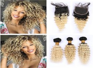 613 Blonde Ombre Brazilian Deep Wave Hair Bundles with Closure Two Tone 1B613 Dark Roots Blonde Ombre Deep Curly Human Hair Deals7462176