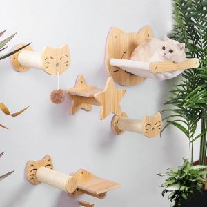 Scratchers Wandmontiertes Klettergerüst für Katzen, massives Kiefernholz, Hängebett, Sprungplattform, Kratzkletterbaum, Haustiermöbel