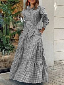 Plus Size 5XL VONDA Women Maxi Dress Plaid Printed Bohemian Long Sleeve Casual Vestidos Button Belted Pockets Sundress 240226