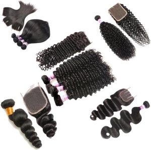 9A Brasileiro Onda Profunda 3 Pacotes com Fechamento de Renda Frontal Brasileiro Kinky Curly Água Corpo Solto Onda Reta Tecer Cabelo Humano E1421314