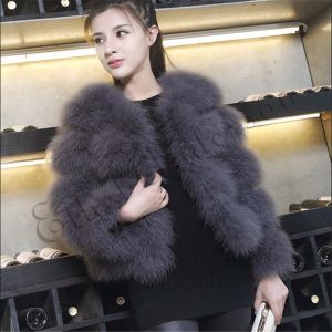 Fur ETHEL ANDERSON Women's 100% Real Farm Fluffy Ostrich Turkey Feather Fur Coat Lady Winter Jacket Soft Warmer 3/4 Sleeves Fall