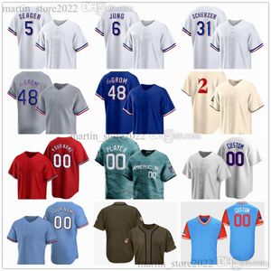 Stitched 2024 baseballtröjor 5 Corey Seager 6 Josh Jung 31 Max Scherzer 48 Jacob Degrom 17 Nathan Eovaldi 72 Jonathan Hernandez 22 Jon Gray 2 Marcus Semien 25 Leclercler