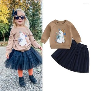 Clothing Sets FOCUSNORM 0-4Y Halloween Kids Girls Clothes Long Sleeve Floral Ghost Print Sweatshirt And Lace Tulle Skirt Set