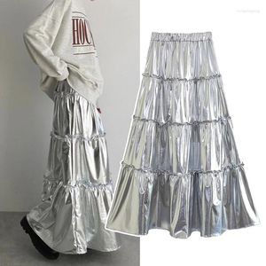 Spódnice damskie ciasto spódnica srebrna wielopoziomowa metaliczna plisowana liniowa midi midi do podróży wysoka tła sukienka Y2K