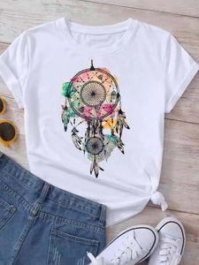 Camisetas femininas 2024 verão manga curta dos desenhos animados dream catcher impressão de tela amor doce e bonito tendência camiseta