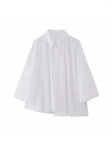 Kvinnors blusar 2024 Spring Leisure Fashion Unique Polo Collar långärmad enkelbröstad asymmetrisk veckad skjorta Mujer