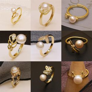 Cluster Rings For Women Couple Golden Stainless Steel Ring Trend Wedding Band Jewelry Party Gift Adjustable Opening Pearl