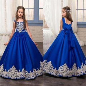 Girl039s vestidos azul real longo verão menina grande arco flor ouro applique meninas pageant vestido primeira comunhão8877226