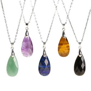 Natural Stone Pendant Raw Mineral Water Drop Quartz Amazonite Tiger Eye Lapsi Pink Crystal Necklaces for Women Jewelry Gift