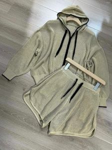 Kvinnors spårdräkter 2024 Sticked Cardigan Shorts Set Linen Silk Hollow Hooded Sweatshirt Top Drawstring High midje 2 Piece
