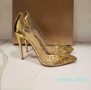 Casual Designer Sexig Lady Fashion Women Shoes Gold Crystal Spikes Pointy Toe Stiletto Stripper High Heels Prom Evening Pumps Stor storlek