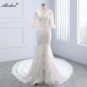 Alonlivn Chic Style V-Neck Mermaid Wedding Dress With Appliques Lace Court Train Half Sleeves Trumpet Bridal Gowns