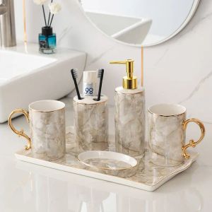 Supporti Bottiglia di lozione in ceramica europea in marmo Portaspazzolino Accessori per il bagno Set Tazza Portasapone Shampoo Dispenser Bottiglia Decor