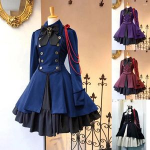 Casual Dresses Medieval Retro Gothic Black Lace Up Chain Bow Lolita Coat Long Sleeves Ruffle Classic Dress Halloween Cosplay Costume