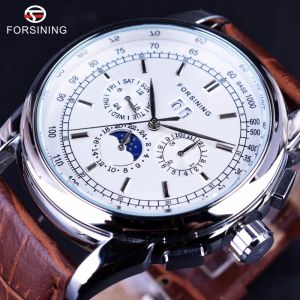 Relógios forsining moonphase calendário exibição de couro marrom xangai movimento automático de alta qualidade relógios masculinos marca superior