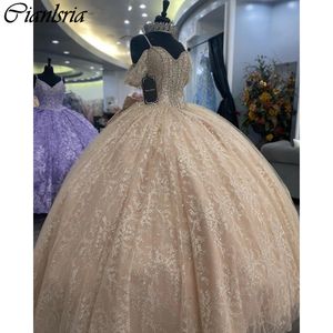 Champagne Spaghetti Strap Beading Crystal Ball Gown Quinceanera Dresses Sequined Lace Bow Corset Vestidos De 15 Anos