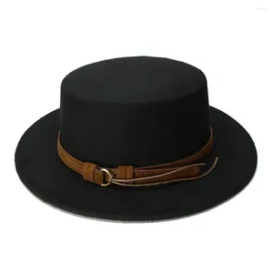 Berets Luckylianji Mulheres Homens Vintage Lã Ampla Brim Cap Pork Pie Porkpie Bowler Chapéu Café Faixa de Couro (57cm / Ajustado)