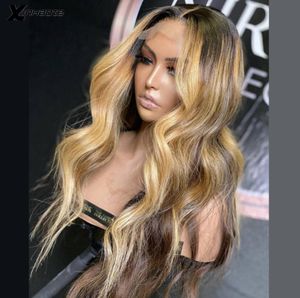 Naturalne fali koronki przednie ludzkie peruki włosy Preucked Ombre Honey Blonde Brown Exchntee Wig Malaysia Remy 55 Jedwabny górny wiek koronkowy 4404265