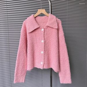 Kadınlar için Kadın Sweaters Polo Yaka Kazak Kadınlar Kış Pembe Renkli Mahsul En İyi Örgü Hardigan Modaya Dönüş