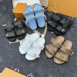 Bom Dia Orijinal Deri Sandal Terlik Sıradan Ayakkabı Yaz Plajı Sandale Gladyatör Katırları Hasp Yeni Kadınlar Erkek Düz Slayt Lüks Tasarımcı Kaydırıcıları Sandale Boyut 35-42