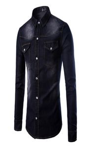 Toppar långärmad bomullshöggrad denim skjorta jeans cardigan casual smal fit skjortor män twopocket mode mens toppar kläd6855901