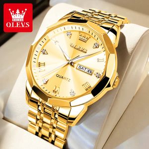 Olevs Mens Watches Gold Original Quartz Wristwatch Waterproof Luminous Watch for Man Rombus Mirror Date Week Luxury Dress 240220