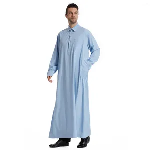 Abbigliamento etnico Ultimi uomini musulmani Abito tinta unita Galabia Risvolto Islamico Manica lunga Arabo Abaya Monopetto Marocco Caftano Tunica