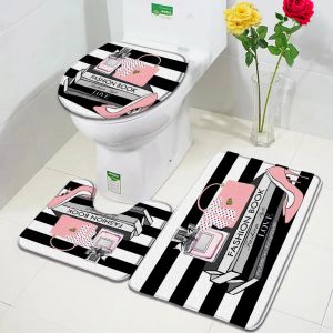 Tappetini Moda Profumo Tappetini da bagno Set Fiori Tappetino per porta a strisce bianche e nere Donne Ragazze Home Bagno Decor Flanella Copriwater Tappetino