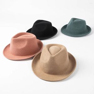 Berets 202408-HH2072A INS Drop Winter Wool Plended Small Brim Solid Fedoras Cap Men Women Panama Jazz Hat