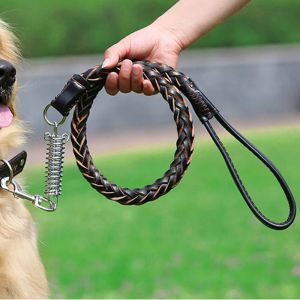 LEASSHES Strong Hållbar riktig läder stor hund koppel utan dragbuffert fjäderläder flätad hundträning koppel husdjur leder hundkedja