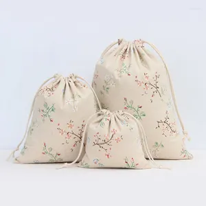 Sacos de compras Literário Algodão Linho Cordão Saco Vintage Flor Planta Café Presente Doces Embalagem Mulheres Bolsa de Viagem Armazenamento Bolsa de Moeda