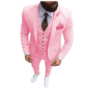 Yeni Pembe Erkekler 3 Parça Takım Formal İş Notch Lapel İnce Fit Damat Smokin En İyi Adam Blazer Düğün (Blazer+Yelek+Pantolon)