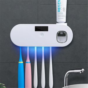 Держатели Солнечная энергия УФ-держатель для зубных щеток Дозатор для зубной пасты Ящик для хранения зубных щеток в ванной комнате Многофункциональный держатель для хранения USB-зарядка