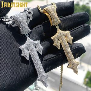 Iced Out Bling Hip Hop Cross Sword Pendant Necklace Gold Plated CZ Cubic Zirconia Swords Charm Men Women Jewelry 240226