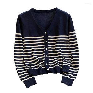 Women's Knits Women Knitted Striped V Neck Cardigan Sweater Autumn Winter 2024