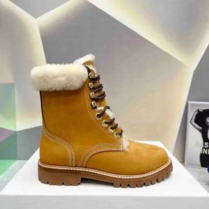 2024 Designer Autumn Winter Kurt Wool Women Boots Round Toe Women Shoes Lace-Up äkta läder tjock botten Ankle Boots Bota Feminina