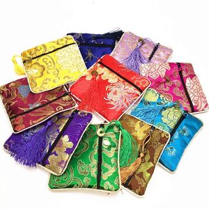 High End Small Zipper Coin Purse Silk Brocade Fabric Jewelry Gift Bags Tassel Bracelet Storage Pouch Wedding Party Favor 50pcs lot347o