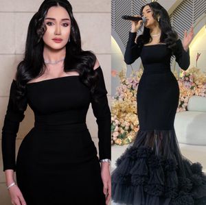 2024 ASO EBI Black Mermaid Prom Dress Tiers Satin Evening Formal Party Second Reception 50th Birthday Engagement Gowns Dresses Robe de Soiree ZJ81