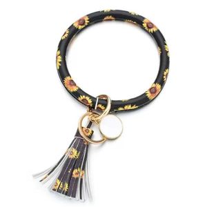 Keychains Lanyards 2022 Handlet Keychain Armband Bangle Keyring Large Circle Key Ring Leather Tassel Holder Sunflower Leopard CA DH32W