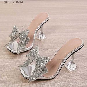 Slippers Liyke 2024 New Transparent For Women Fashion Silver Crystal Bowknot High Heels Female Mules Slides Summer Sandals ShoesH24229