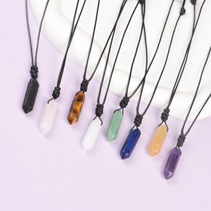 Woven Adjatable Black rope hexagon bullet shape Stone Pendant Healing Crystal Quartz Pillar Necklace Jewelry Women Men