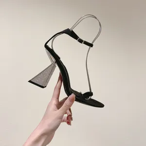 Casual Designer Fashion Women Sexy Lady Black Satin Warp Ankle Strappy High Heels Rhinestone Wedge Heeled Sandals Party Evening Shoes Shoes