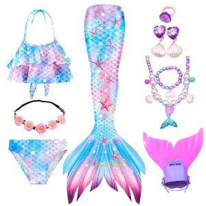 Swimwear 8pcs/set Summer Kids Swimming Mermaid Tail Little Mermaid Costume Cosplay Girls Princess Party Fantasy Swimsuit Can Add Monofin