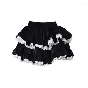 Юбки Вельветовая мини-юбка в стиле каваи, черное лоскутное бальное платье для девочек 2000-х годов, милая фигуристка, осень-зима, рюши, субкультуры